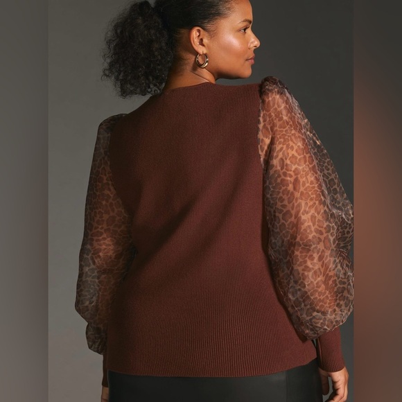 Anthropologie  Dolan Sheer Animal Print Puff-Sleeve Brown Sweater Size 3X - Picture 4 of 11